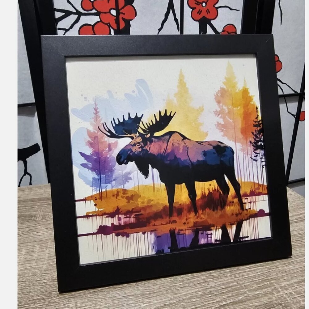 8x8 Framed Moose Watercolor Nursery Room Wall Art‎ Oil Painting Print